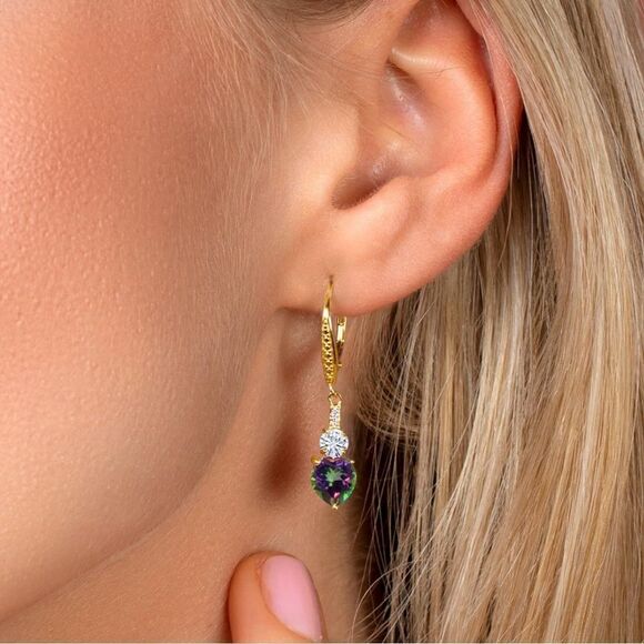 18K Yellow Gold with 3.49 Cttw Green Mystic Topaz and Moissanite Heart Earrings - Picture 2 of 4